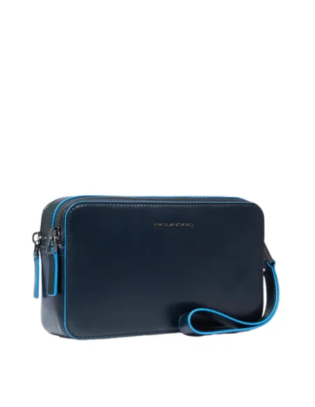 Piquadro Blue Square leather pouch with two compartments blue