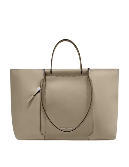 Piquadro Circle Einkaufstasche für Computer aus Stoff und Leder, beige