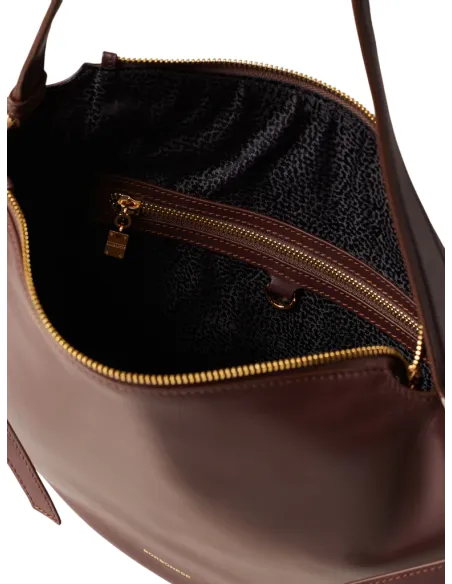 Borbonese Bridle Shoulder Bag in Nappa Leather & Suede, dark brown