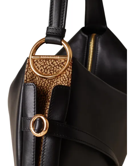 Borbonese Bridle Shoulder Bag in Nappa Leather & Suede, black