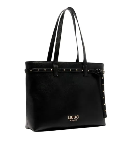 Liu Jo Shopping Bag mit Strukturoptik Metalllogo und Nietenriemen, schwarz