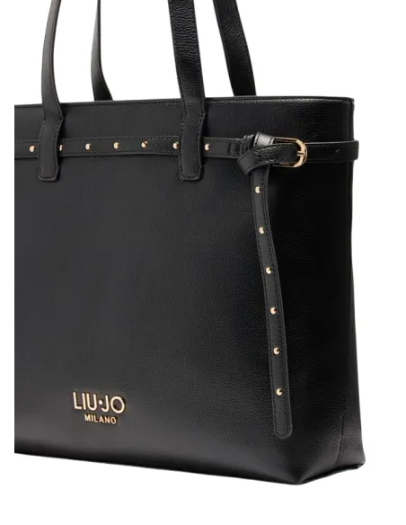 Liu Jo shopping bag with pebble texture metal logo and studded strap, black
