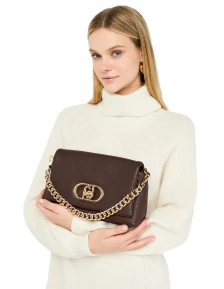 Liu Jo LaPuffy bag with chain handle flap closure and removable strap, dark brown