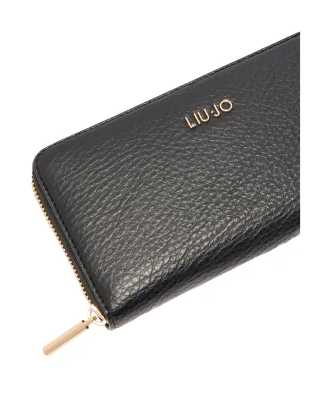 Liu Jo large zip-around wallet with pebble texture and metal logo, black