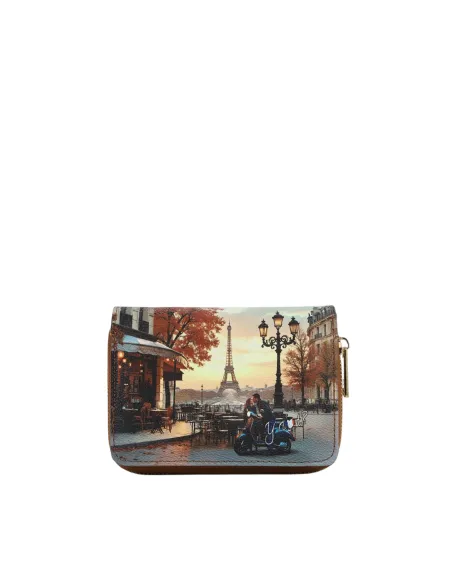 YNot Yes Bag medium wallet for women with zip and button in printed fabric, kisses from Paris