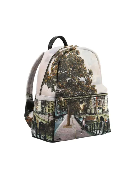 YNot Backpack in printed water-resistant fabric with zip pocket, Amsterdam Bridge