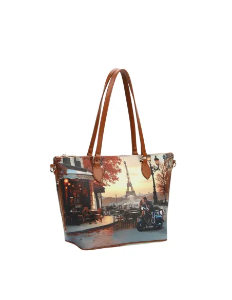 YNot Yes Bag shopper with city print waterproof fabric and zip closure, kisses from Paris