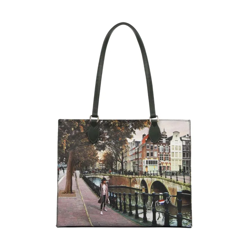 YNot Yes Bag Large Shopping Tote with Printed Fabric and...