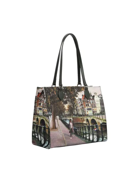 YNot Yes Bag Large Shopping Tote with Printed Fabric and Leather Details, Amsterdam Bridge