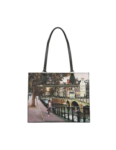 YNot Yes Bag Large Shopping Tote with Printed Fabric and Leather Details, Amsterdam Bridge
