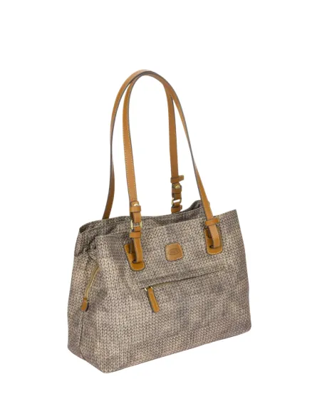 Brics Fabric and Leather Three-Compartment Medium Shopping Bag, Wool Nut
