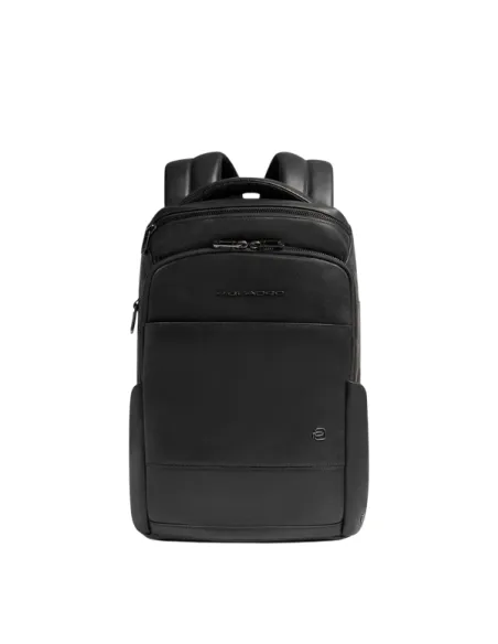 Piquadro Philip compact leather backpack with RFID laptop pocket and smart features, black