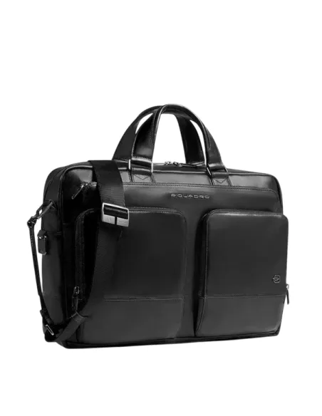 Piquadro Philip Laptoptasche Leder 15,6 Zoll mit Shock Absorber und induktiver Ladung, schwarz