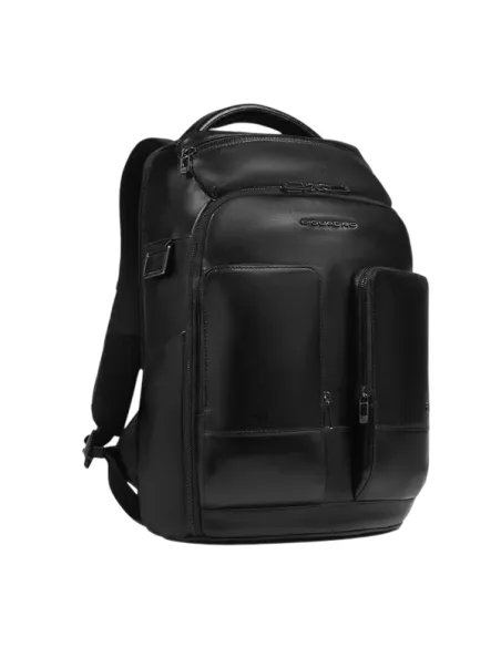 Piquadro Philip leather backpack 15.6 inch with RFID shock absorber, black
