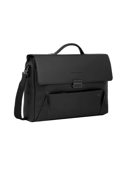 Cartella porta PC in pelle con patta Piquadro Pan, nera