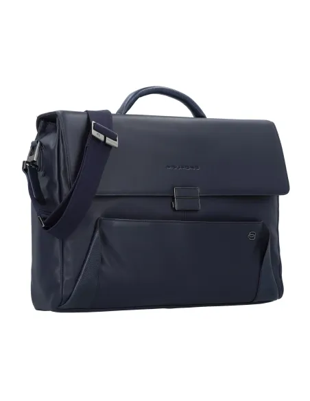 Piquadro Pan leather laptop bag with flap, blue