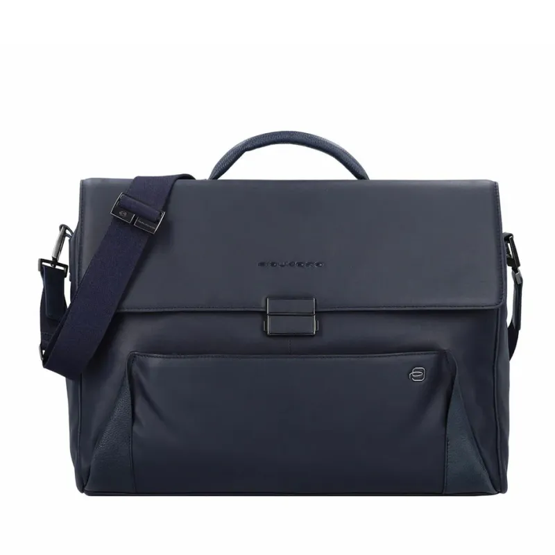 Piquadro Pan leather laptop bag with flap, blue