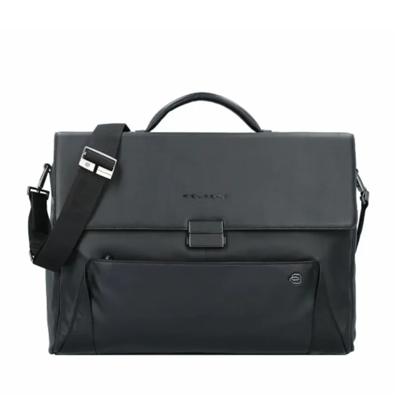 Piquadro Pan leather laptop bag with flap, black