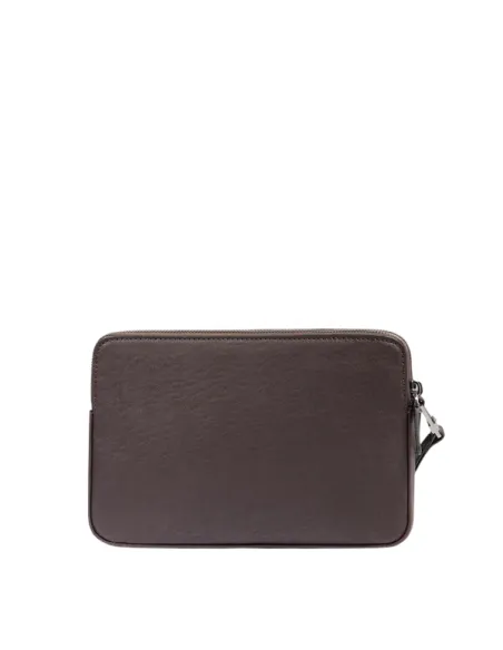 Piquadro Black Square Men's Leather Pouch with Double Zipper, dark brown