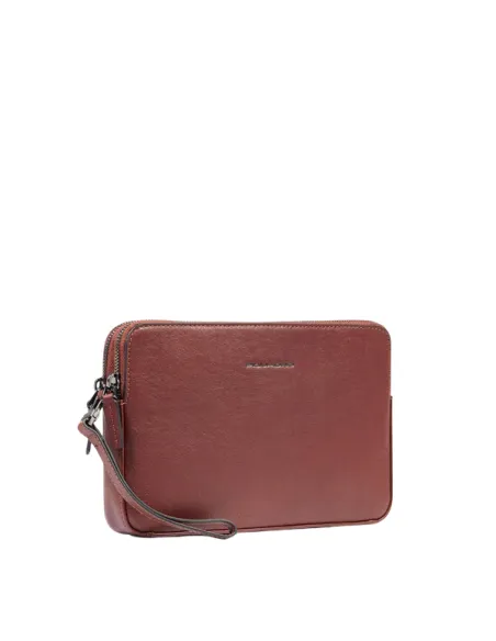 Piquadro Black Square Men's Leather Pouch with Double Zipper, brown