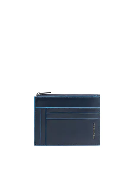 Piquadro Blue Square Men's Leather Card Holder with Coin Pocket, blue
