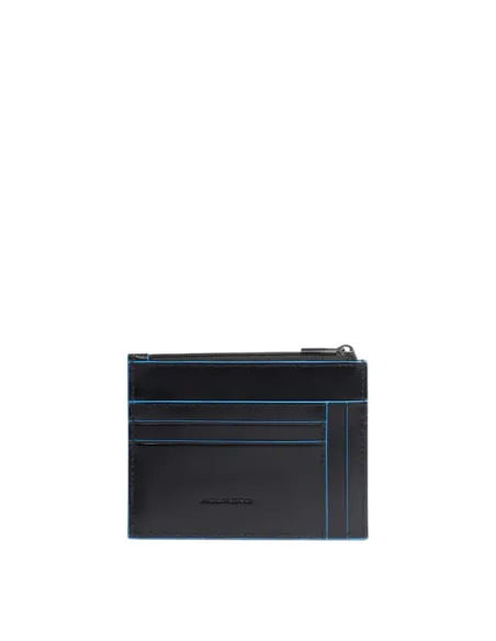Piquadro Blue Square Men's Leather Card Holder with Coin Pocket, black