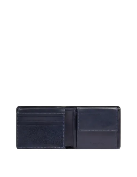Compact Leather Wallet for Men Piquadro Philip with Coin Pocket, blue