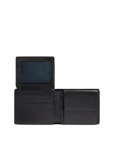 Compact Leather Wallet for Men Piquadro Philip with Coin Pocket, black