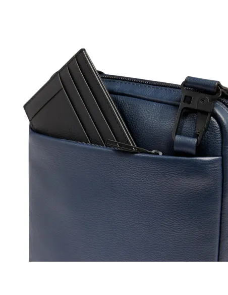 Piquadro Russel Small Leather Crossbody Bag with iPad Slot and RFID, blue