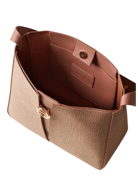 Borbonese Tulip Shoulder Bag in Coated Canvas and Leather,  Elegant and Refined, mushroom