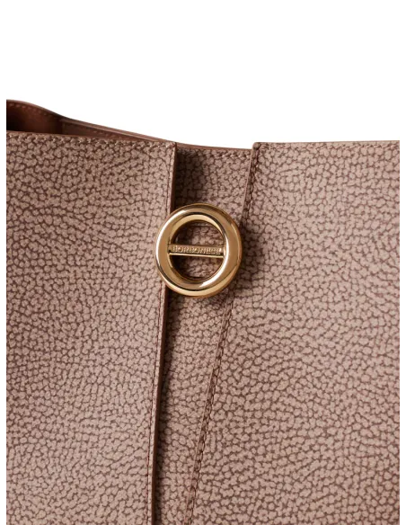 Borbonese Tulip Shoulder Bag in Coated Canvas and Leather,  Elegant and Refined, mushroom