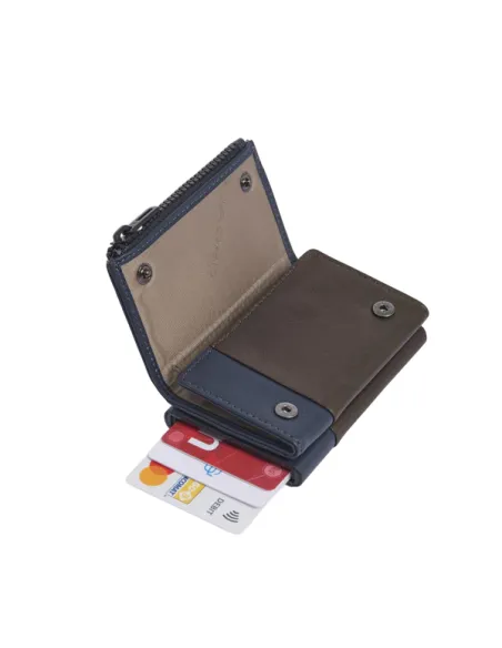 Kompakte Herren-Geldbörse Harper von Piquadro, Metall und Leder mit RFID-Schutz, blau-braun