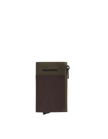Porta banconote e carte di credito in metallo e pelle con zip per monete Piquadro Harper, verde-moro