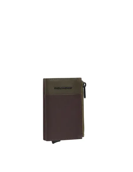 Porta banconote e carte di credito in metallo e pelle con zip per monete Piquadro Harper, verde-moro