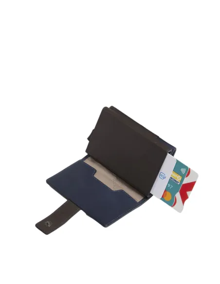 Piquadro Harper Kartenetui und Geldscheinklammer, Metall und Leder mit RFID-Schutz, blau-braun