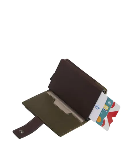 Piquadro Harper Card Holder and Banknote slot, Metal and Leather RFID-Protected, green-brown