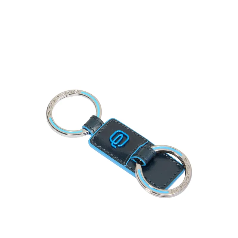 Leather keyring with two rings, blue