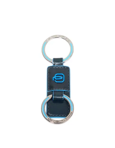 Leather keyring with two rings, blue