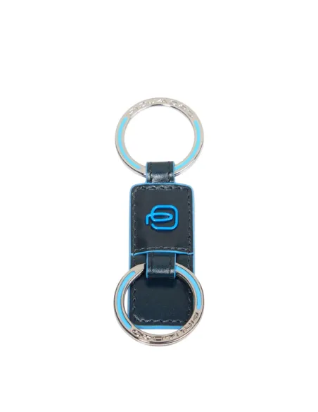 Leather keyring with two rings, blue
