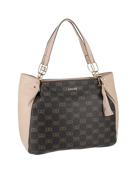 Liu Jo Grosse Shopping Tasche mit Logo, beige-dunkelbraun