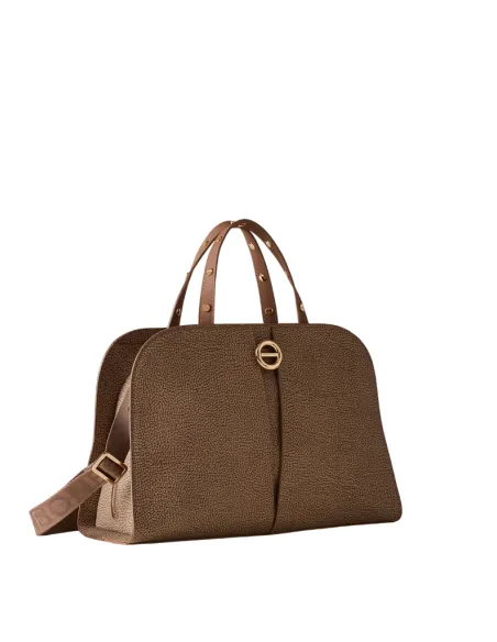 Borbonese Tulip Handbag in OP Coated Canvas and Leather, Elegant and Versatile, mushroom
