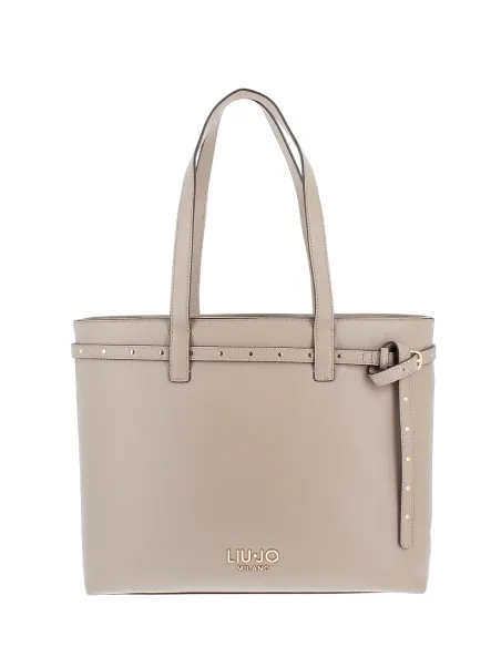 Liu Jo shopping bag with pebble texture metal logo and studded strap, taupe