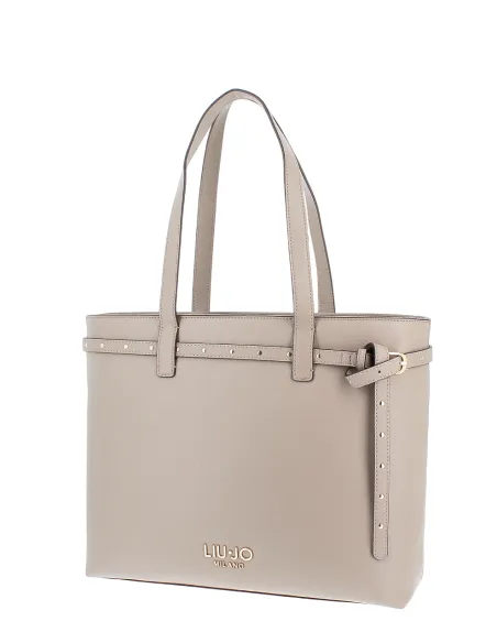 Liu Jo shopping bag with pebble texture metal logo and studded strap, taupe