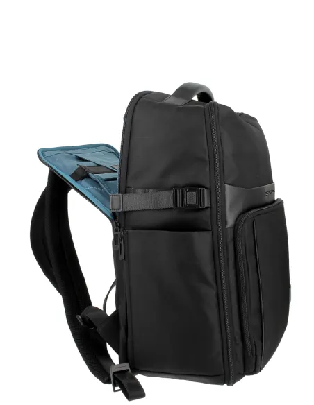 Piquadro Wollem travel backpack with laptop compartment in fabric and leather, black