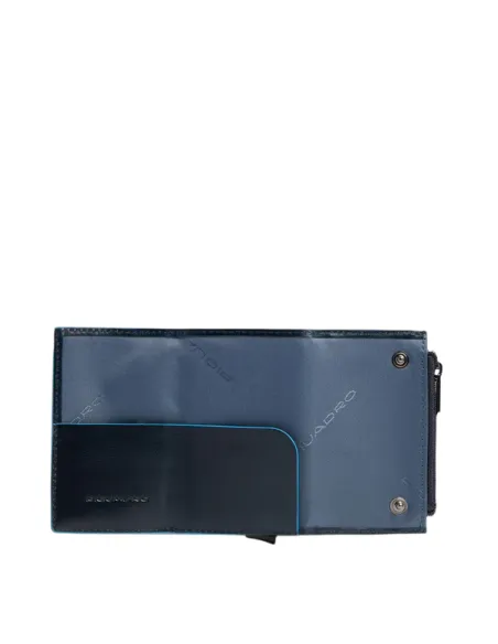 Piquadro Blue Square Compact wallet for cash and credit cards with sliding system and coin pocket, blue