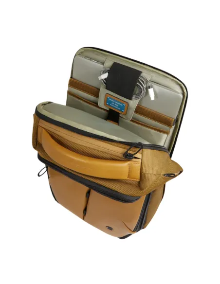 Piquadro Travel backpack with 15.6 PC compartment in fabric and vegan leather, light brown