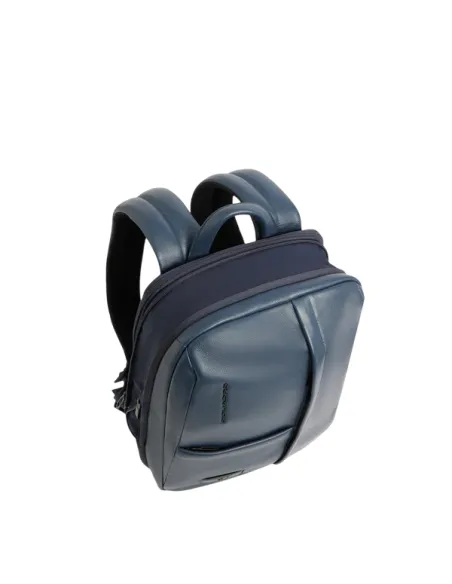 Piquadro Russel expandable leather backpack for 14 inch laptop, blue