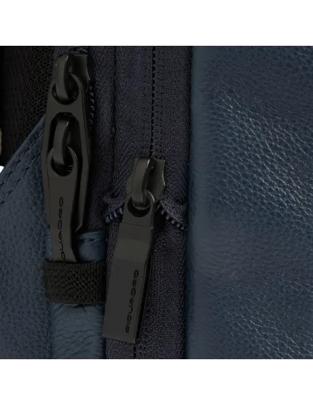 Piquadro Russel expandable leather backpack for 14 inch laptop, blue