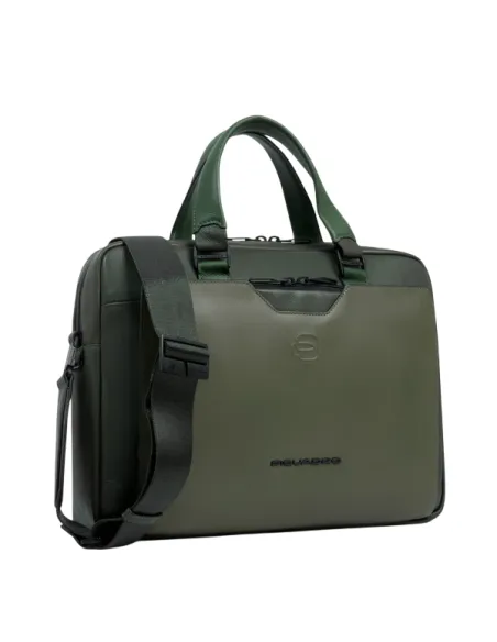 Piquadro Ael leather briefcase with double handles for 14 inch laptop, green