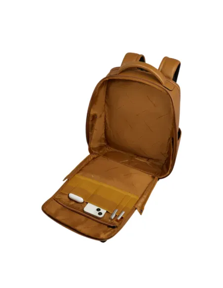 Piquadro Ael leather travel backpack for 14 inch laptop, yellow